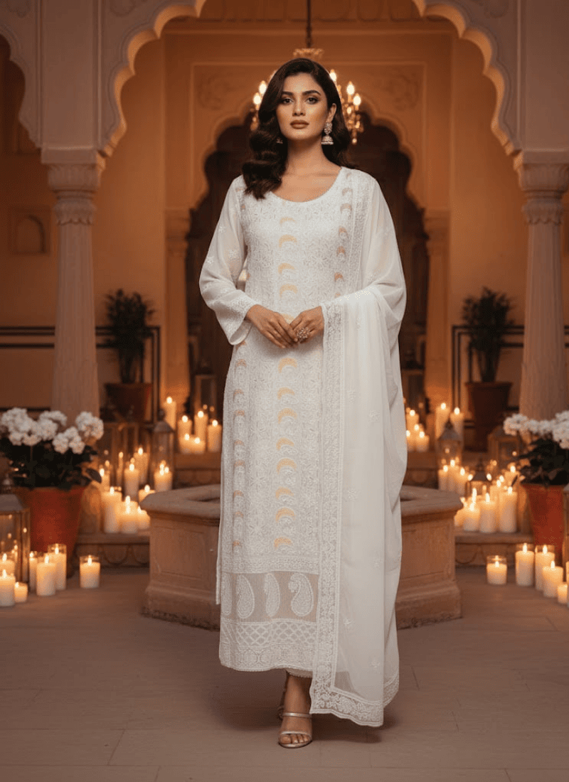 White Lucknow Handloom Salwar Suit – Hand-Embroidered Chiffon