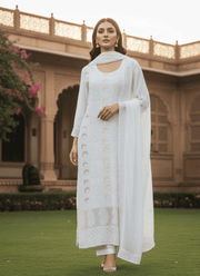 White Lucknow Handloom Salwar Suit with Chiffon Dupatta 6
