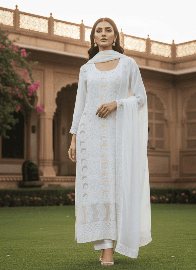 White Lucknow Handloom Salwar Suit – Hand-Embroidered Chiffon