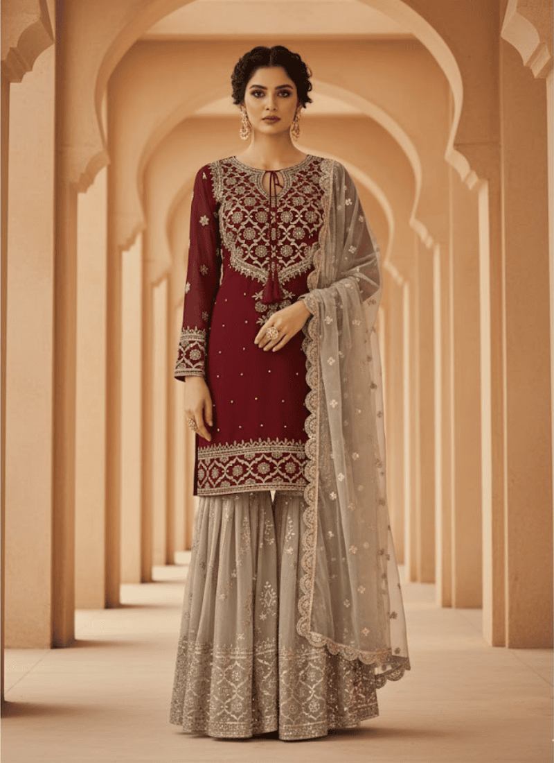 Heavy Faux Georgette Sharara Set – Embroidered with Dupatta