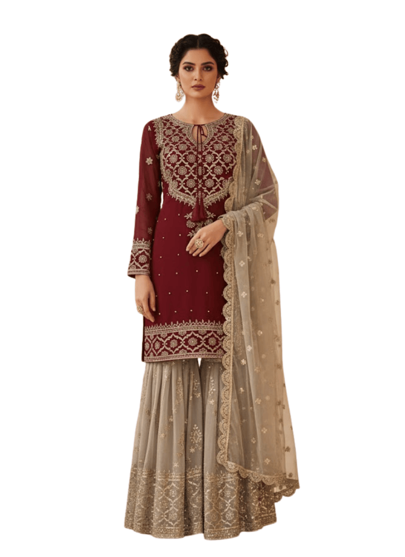 Heavy Faux Georgette Sharara Set – Embroidered with Dupatta