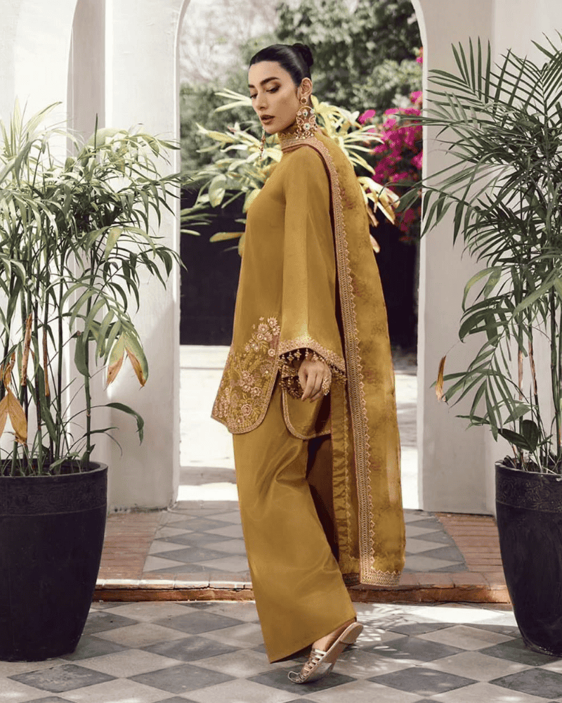 Embroidered French Crepe Farshi Salwar Suit – Moti & Printed Dupatta