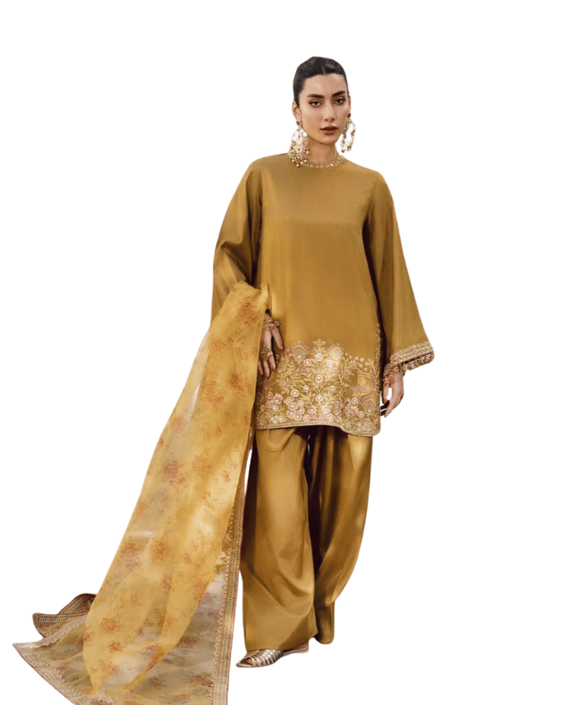 Embroidered French Crepe Farshi Salwar Suit – Moti & Printed Dupatta