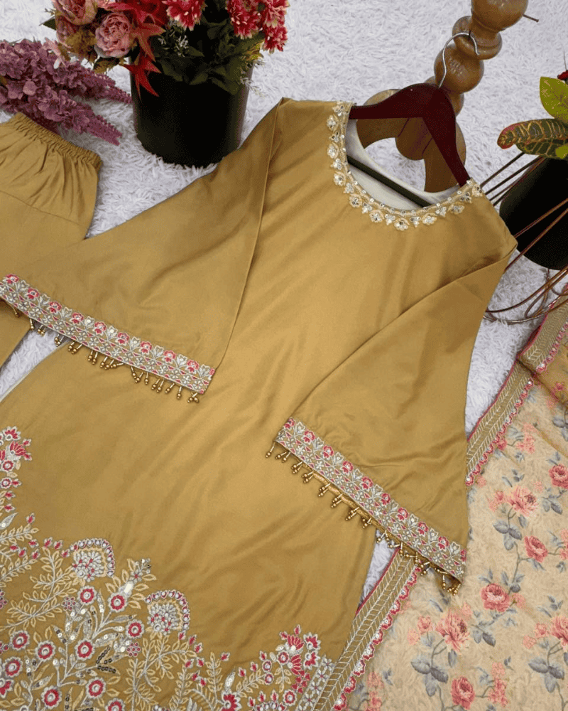 Embroidered French Crepe Farshi Salwar Suit – Moti & Printed Dupatta