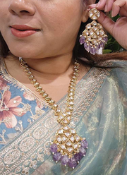 Long Kundan Necklace with Earrings – Light Purple Beads 8