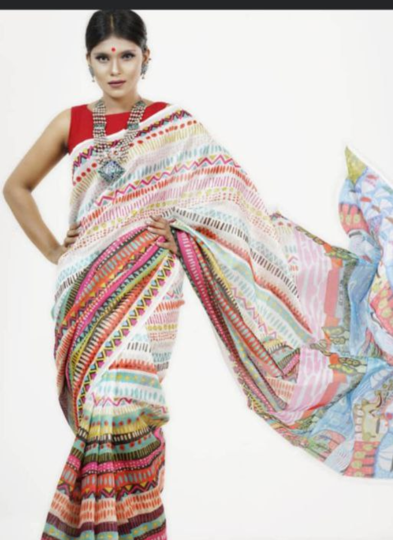 White Tashar Silk Saree – Rural Village Artistic Print