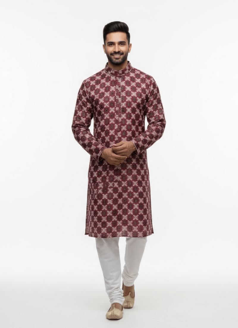 Dark Magenta Men’s Kurta with Embroidery & Sequence Australia