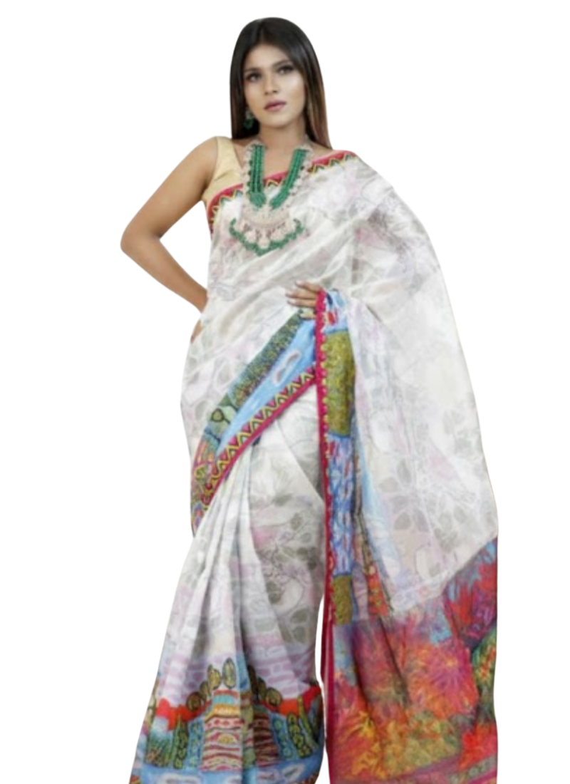 White Tashar Silk Saree – Water, Village & Floral Artistic Print