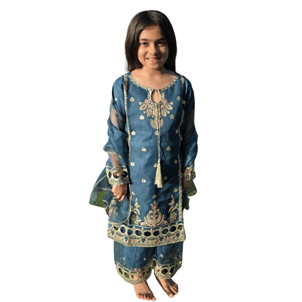 Sea Green Silk Kids Sharara Suit – Festive Elegance