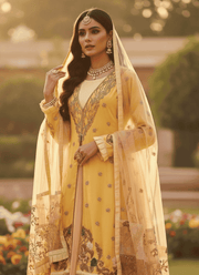Moff Pink & Yellow Lehenga Suit – Makhon Georgette with Net Dupatta 3