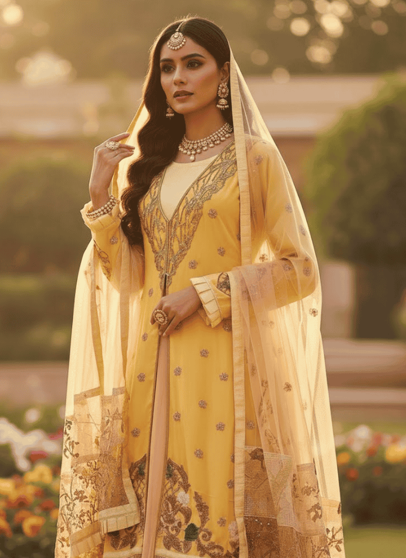 Moff Pink & Yellow Lehenga Suit – Makhon Georgette with Net Dupatta
