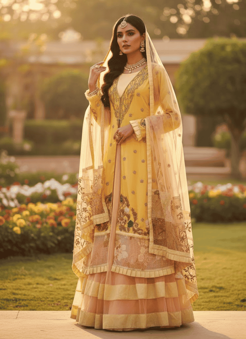 Moff Pink & Yellow Lehenga Suit – Makhon Georgette with Net Dupatta