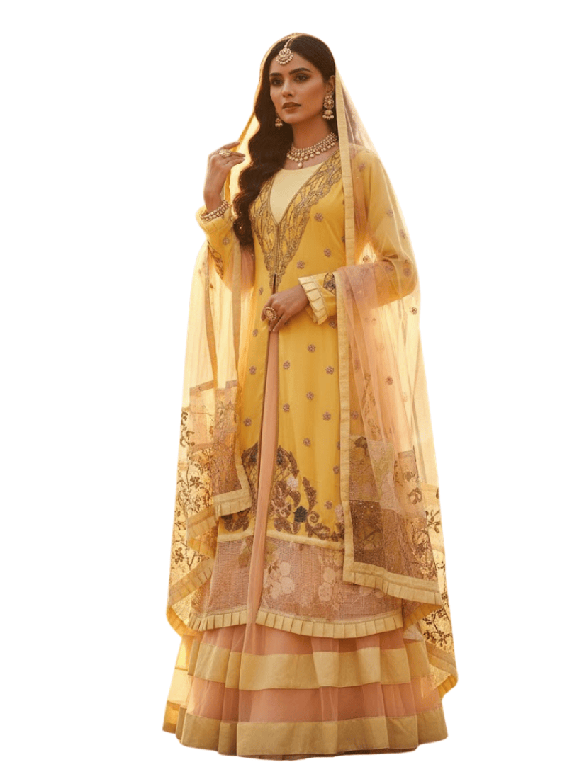 Moff Pink & Yellow Lehenga Suit – Makhon Georgette with Net Dupatta