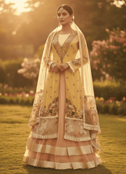 Moff Pink & Yellow Lehenga Suit – Makhon Georgette with Net Dupatta 2