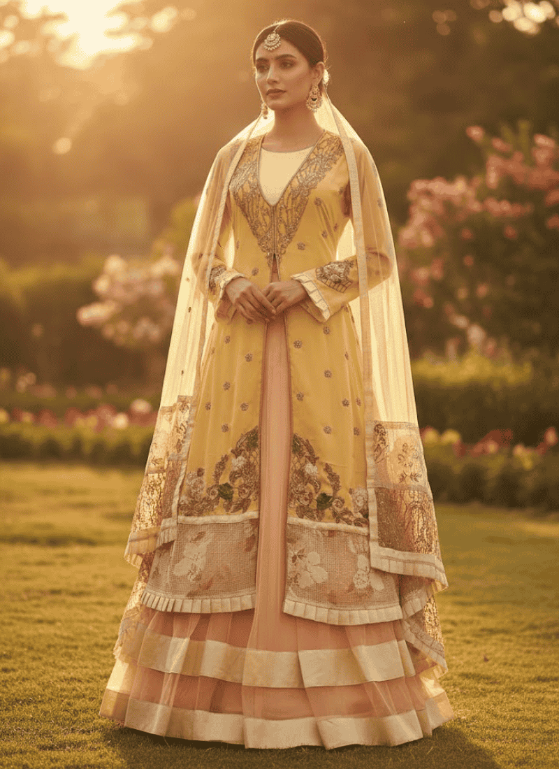 Moff Pink & Yellow Lehenga Suit – Makhon Georgette with Net Dupatta