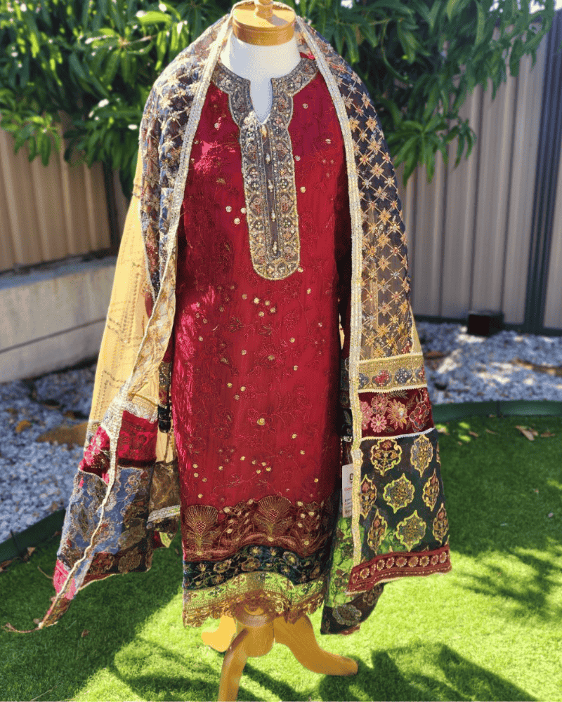 Maroon Pakistani Anarkali Suit – Embroidered Chiffon with Net