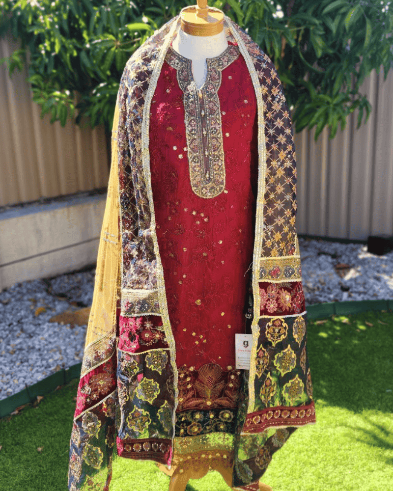 Maroon Pakistani Anarkali Suit – Embroidered Chiffon with Net