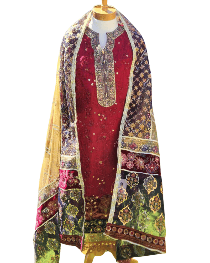 Maroon Pakistani Anarkali Suit – Embroidered Chiffon with Net