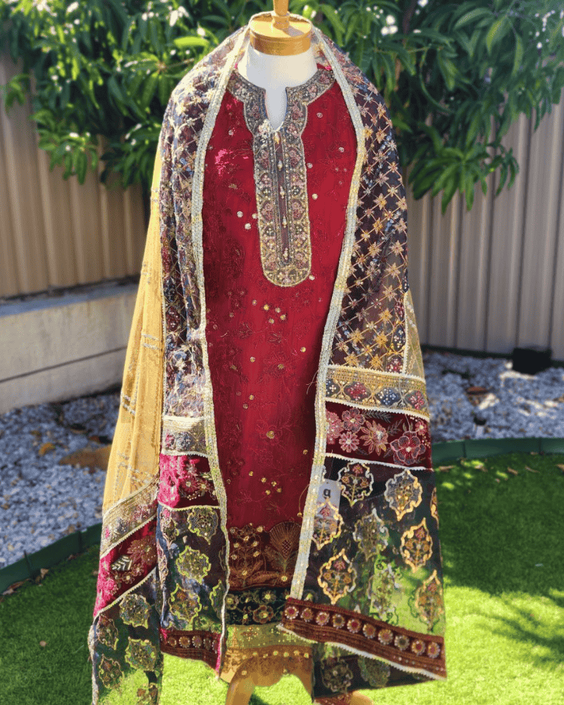 Maroon Pakistani Anarkali Suit – Embroidered Chiffon with Net