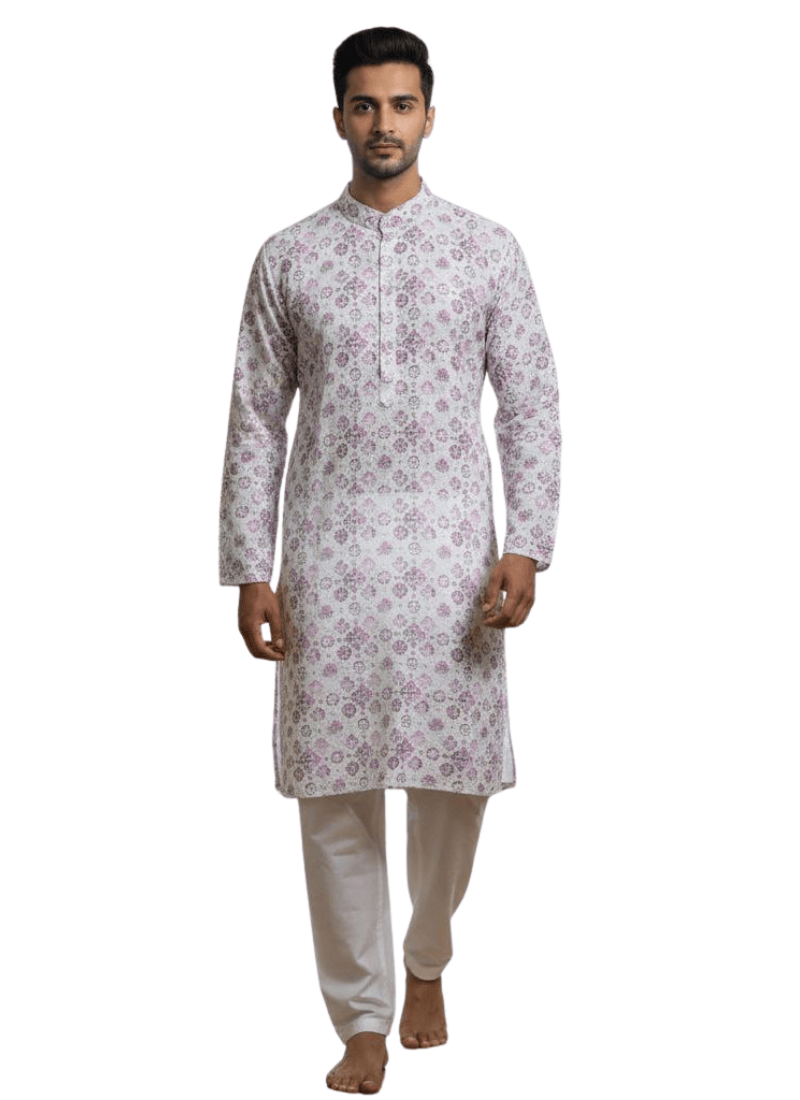 White Linen Cotton Men’s Kurta with Pink and Purple Print
