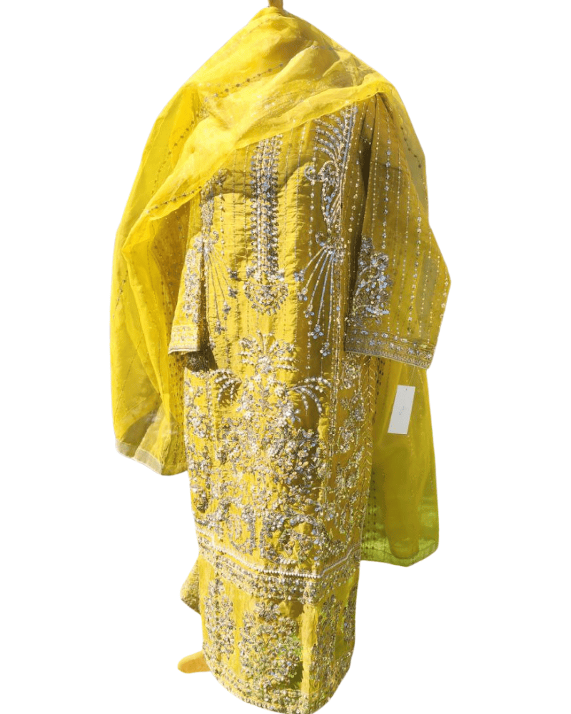 Lemon Yellow Pakistani Salwar Suit – Embroidered Organza with Silk Dupatta