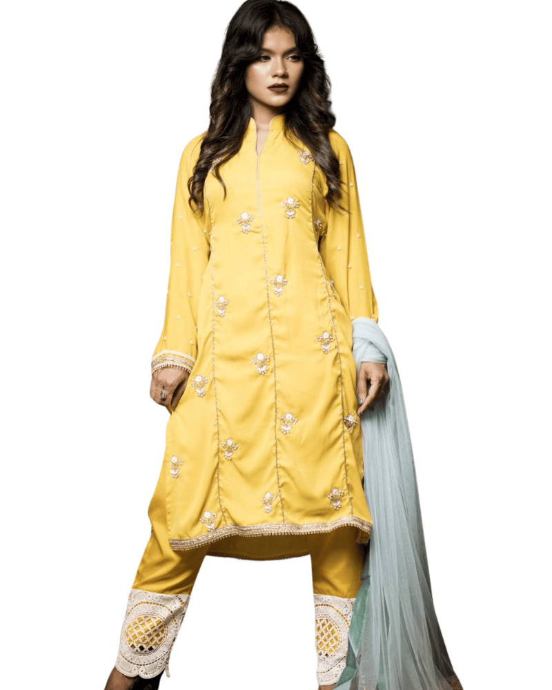 Mustard Yellow Salwar Suit – Embroidered Makhon Satin Pants & Dupatta
