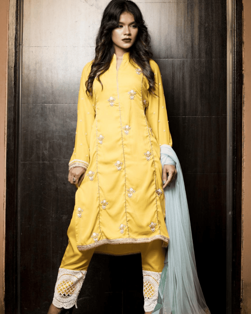 Mustard Yellow Salwar Suit – Embroidered Makhon Satin Pants & Dupatta