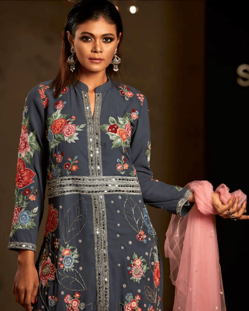 Ash Embroidered Makhon Georgette Salwar Suit – Satin Pants & Dupatta