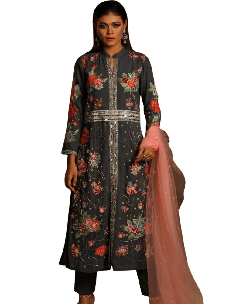 Ash Embroidered Makhon Georgette Salwar Suit – Satin Pants & Dupatta