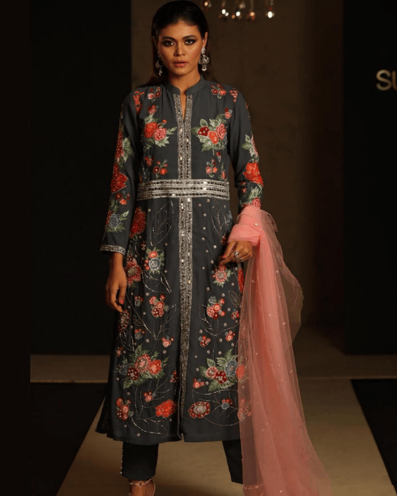 Ash Embroidered Makhon Georgette Salwar Suit – Satin Pants & Dupatta