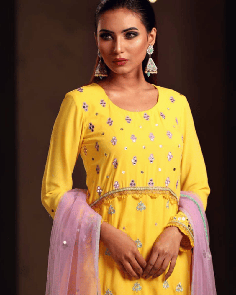 Yellow Makhon Georgette Salwar Suit – Silk Pants & Net Dupatta