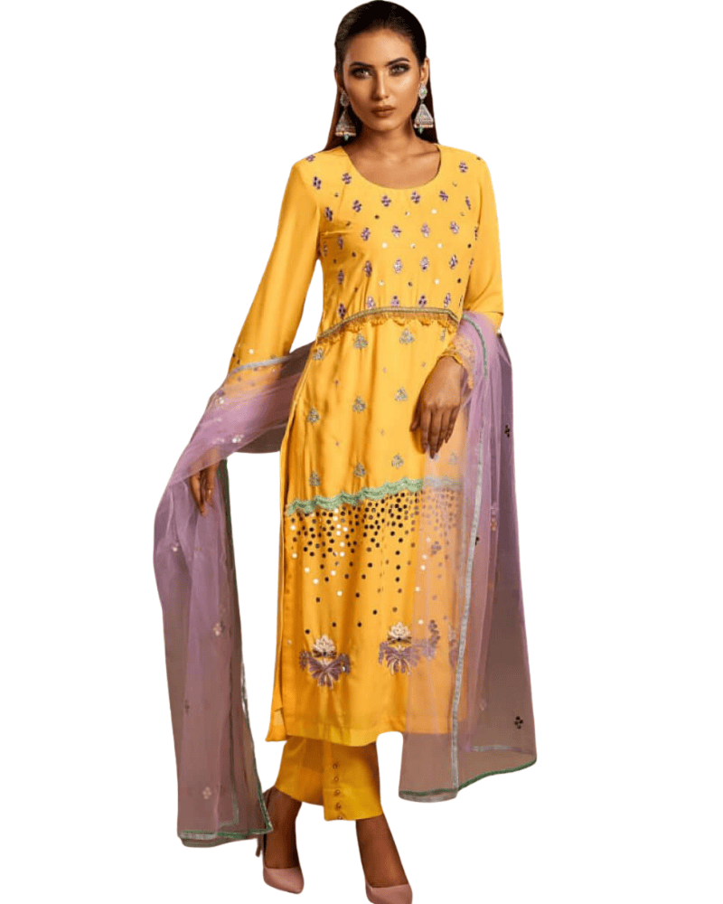 Yellow Makhon Georgette Salwar Suit – Silk Pants & Net Dupatta