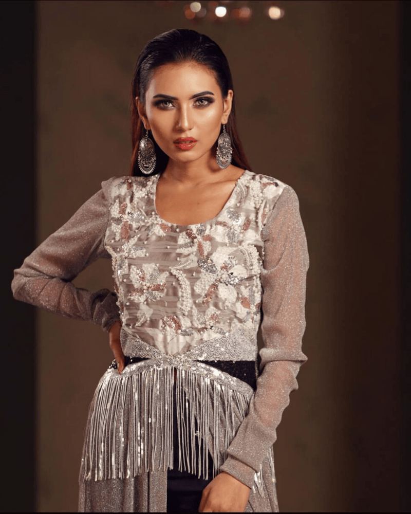 Grey Georgette Long Gown – Soravaski Stone Embellished Floor-Length