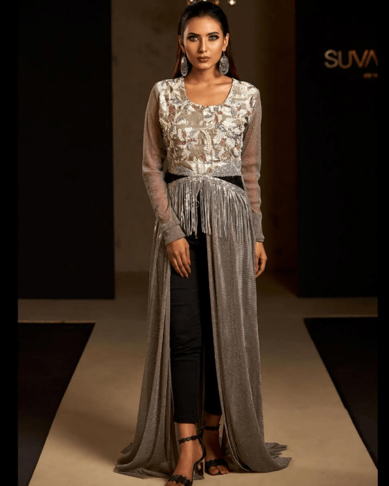 Grey Georgette Long Gown – Soravaski Stone Embellished Floor-Length