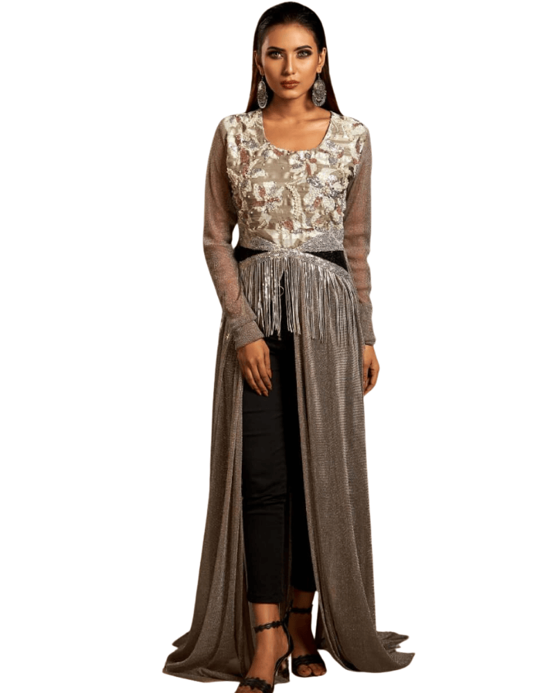 Grey Georgette Long Gown – Soravaski Stone Embellished Floor-Length