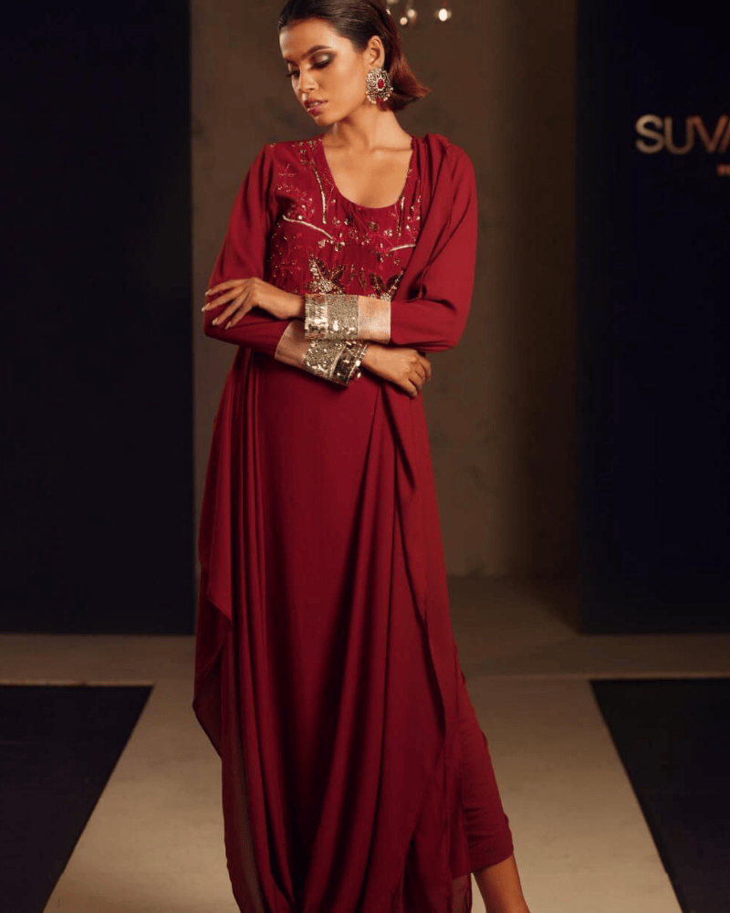 Maroon Georgette Long Gown – Soravaski Stone Embellished Floor-Length