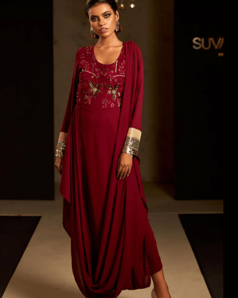 Maroon Georgette Long Gown – Soravaski Stone Embellished Floor-Length