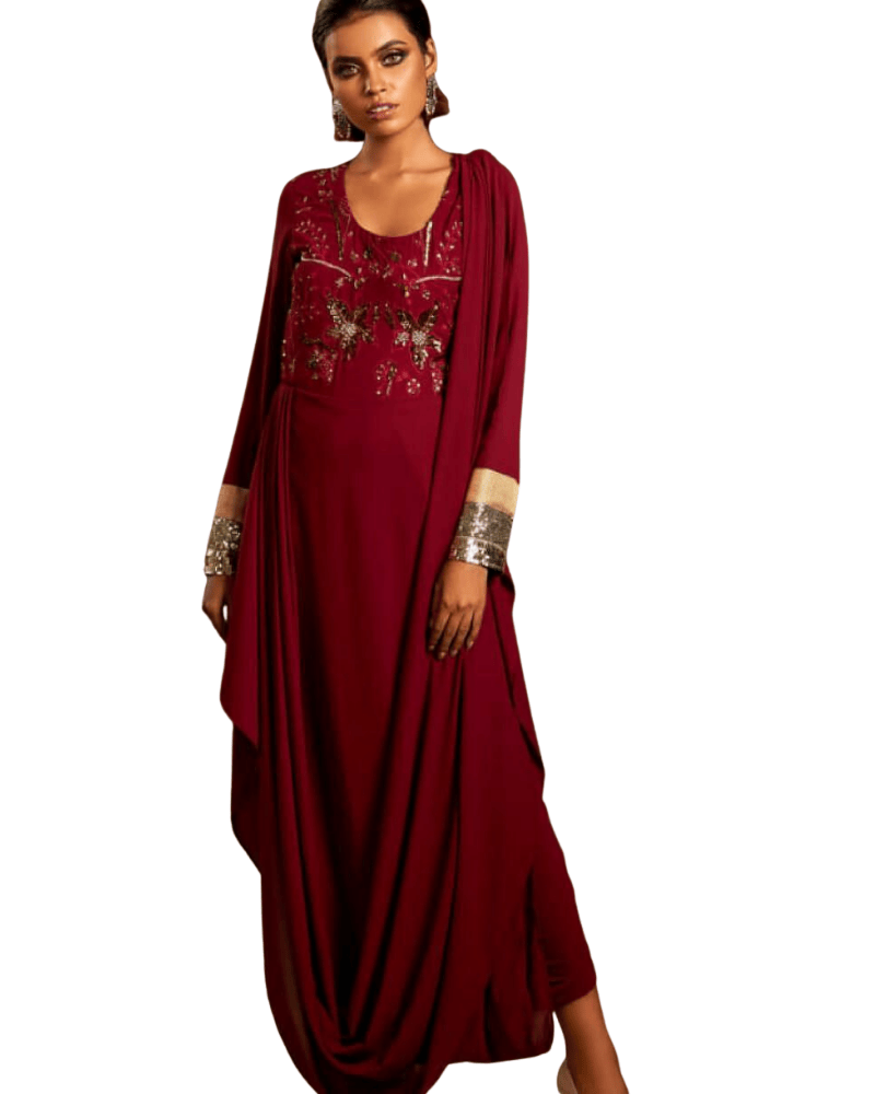 Maroon Georgette Long Gown – Soravaski Stone Embellished Floor-Length