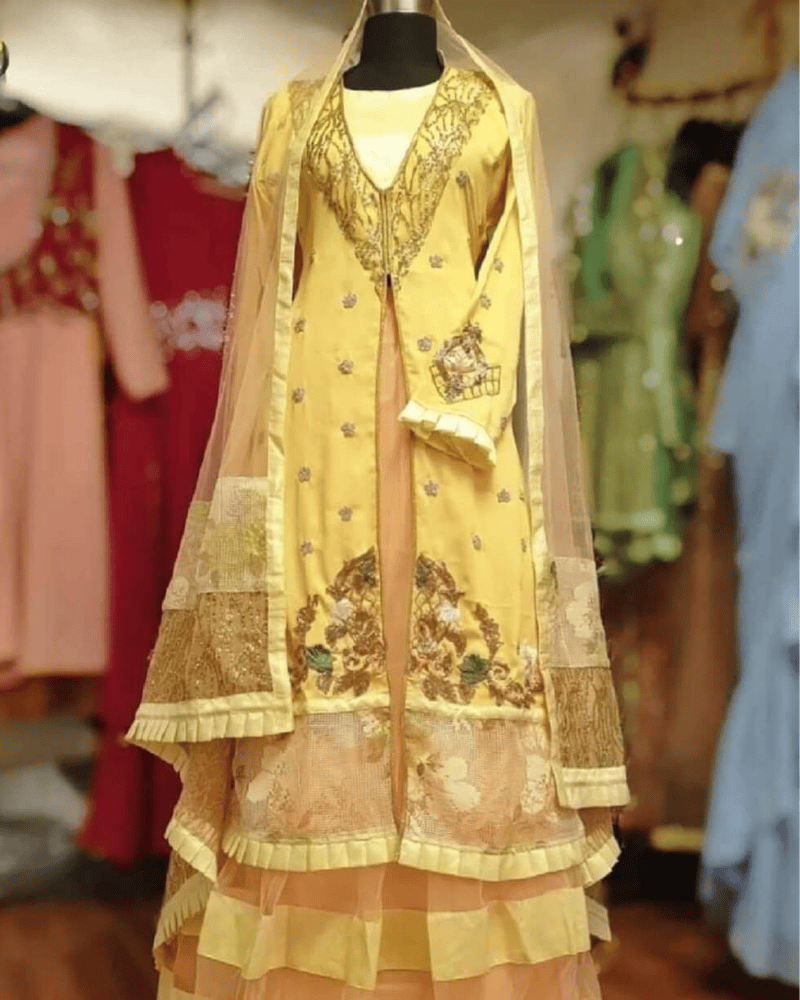 Moff Pink & Yellow Lehenga Suit – Makhon Georgette with Net Dupatta