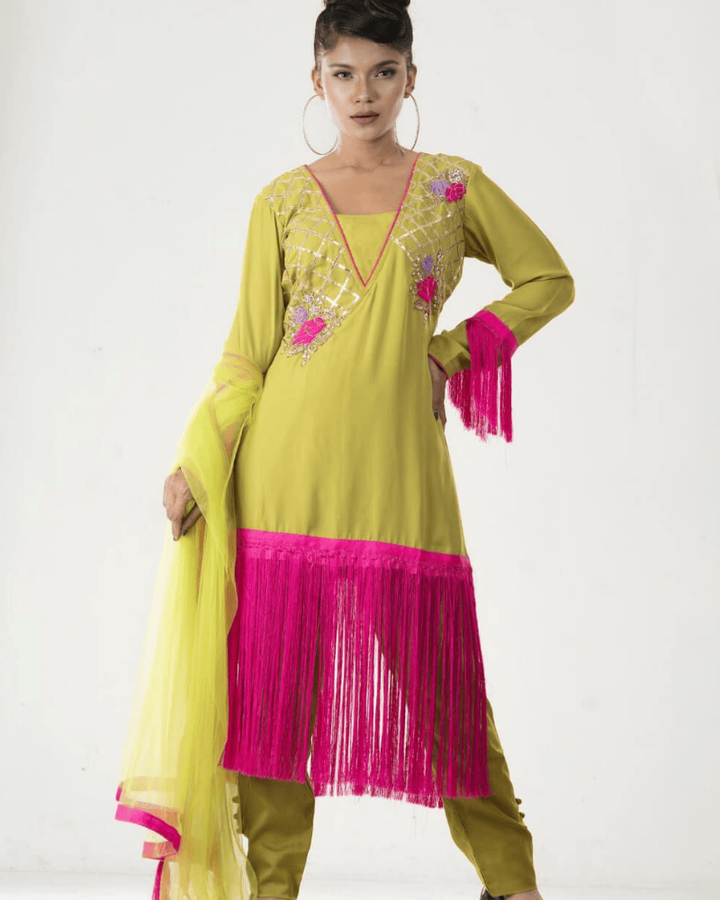 Olive Green Makhon Georgette Salwar Suit – Silk Pants & Dupatta