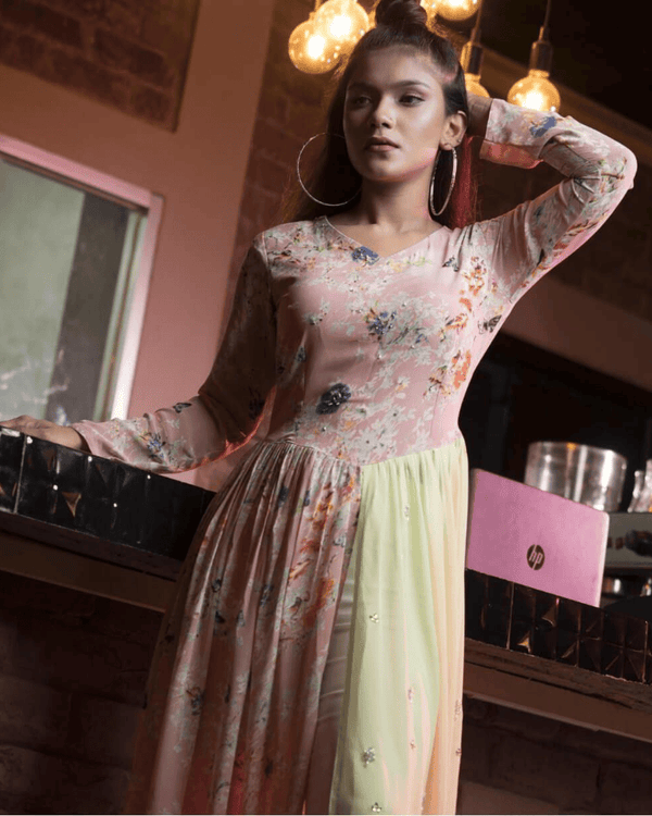 Pink & Pastel Georgette Long Gown – Embellished Floor-Length