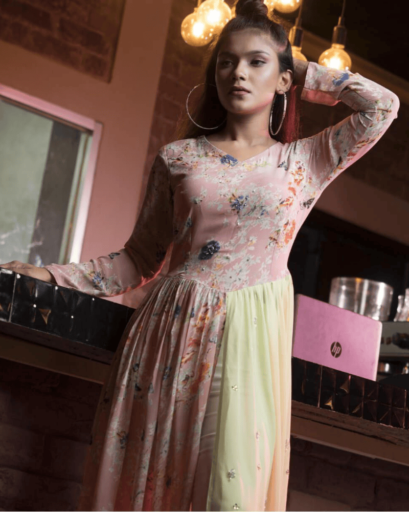 Pink & Pastel Georgette Long Gown – Embellished Floor-Length