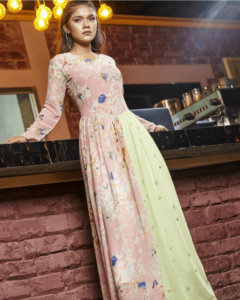 Pink & Pastel Georgette Long Gown – Embellished Floor-Length