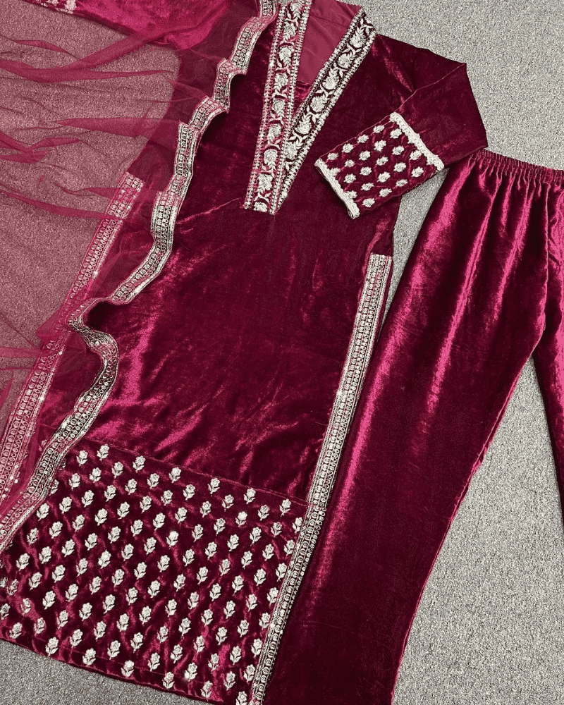 Winter Collection Velvet Suit – Embroidered Heavy Viscose