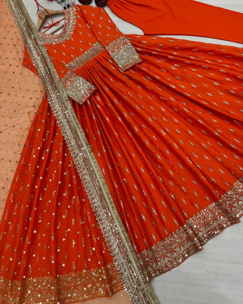 Chinon Silk Anarkali Suit – Tassel Sleeves, Butterfly Net Dupatta