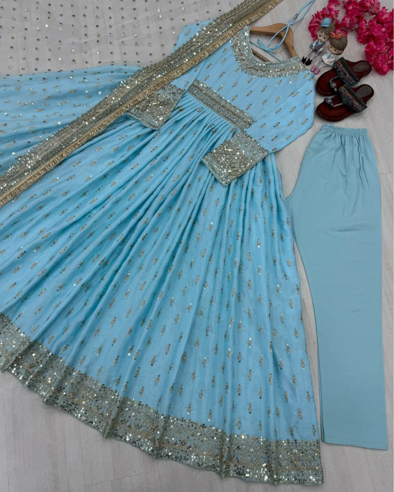 Chinon Silk Anarkali Suit – Tassel Sleeves, Butterfly Net Dupatta