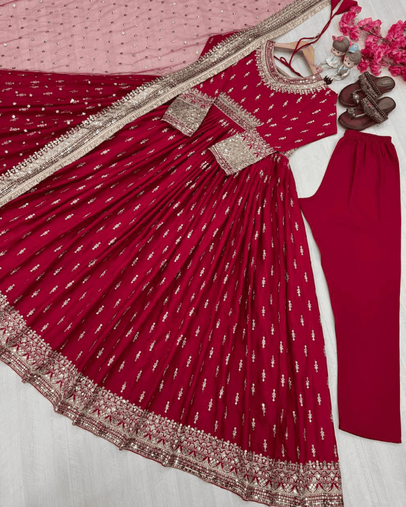 Embroidered Chinon Silk Anarkali Suit – Butterfly Net Dupatta