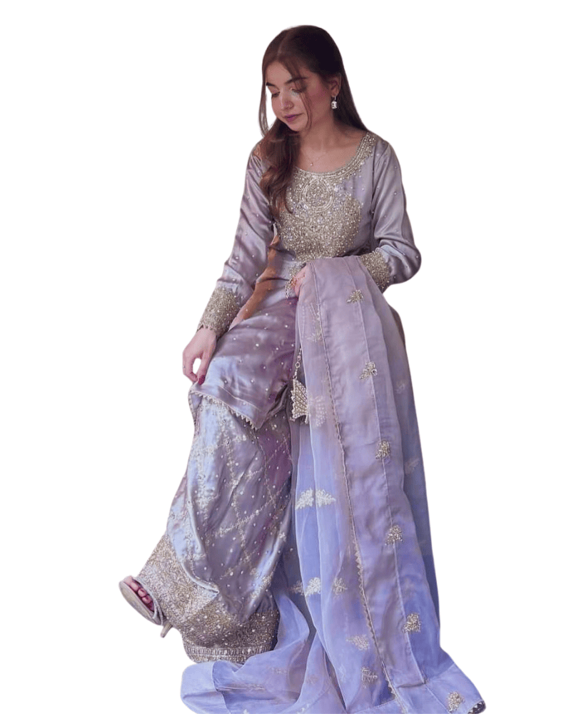 Embroidered Pure Crepe Silk Salwar Suit – Kurti with Organza Dupatta