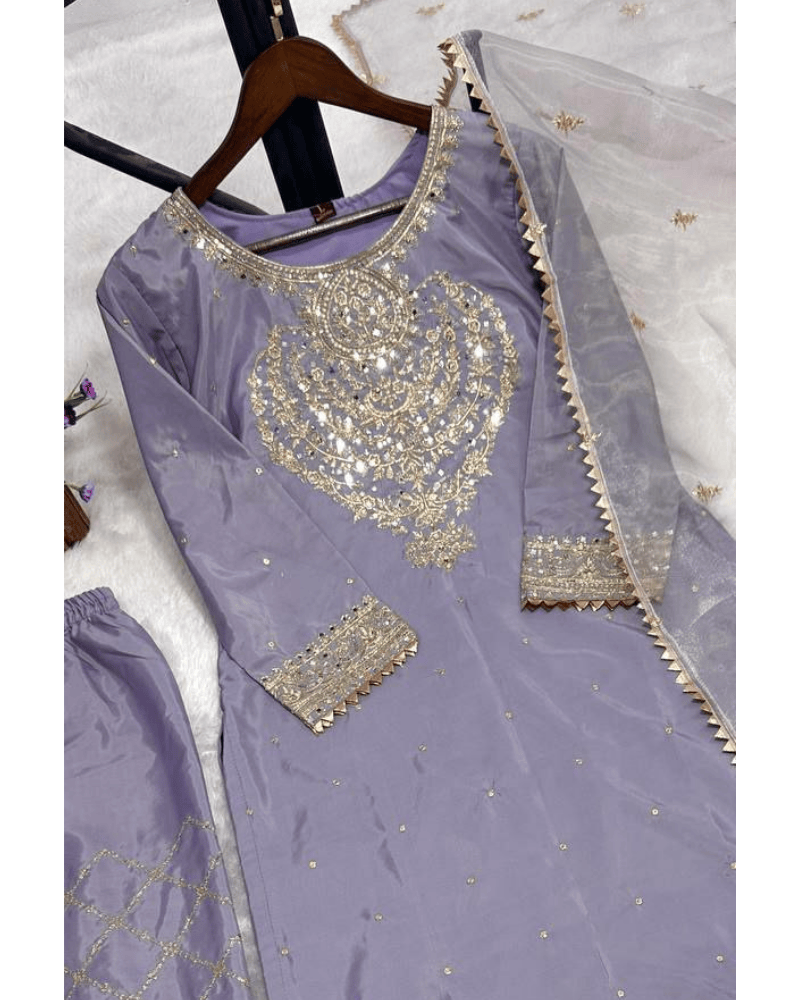 Embroidered Pure Crepe Silk Salwar Suit – Kurti with Organza Dupatta