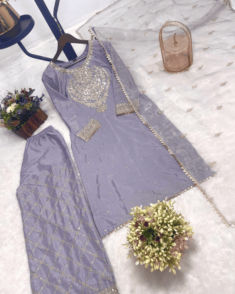 Embroidered Pure Crepe Silk Salwar Suit – Kurti with Organza Dupatta